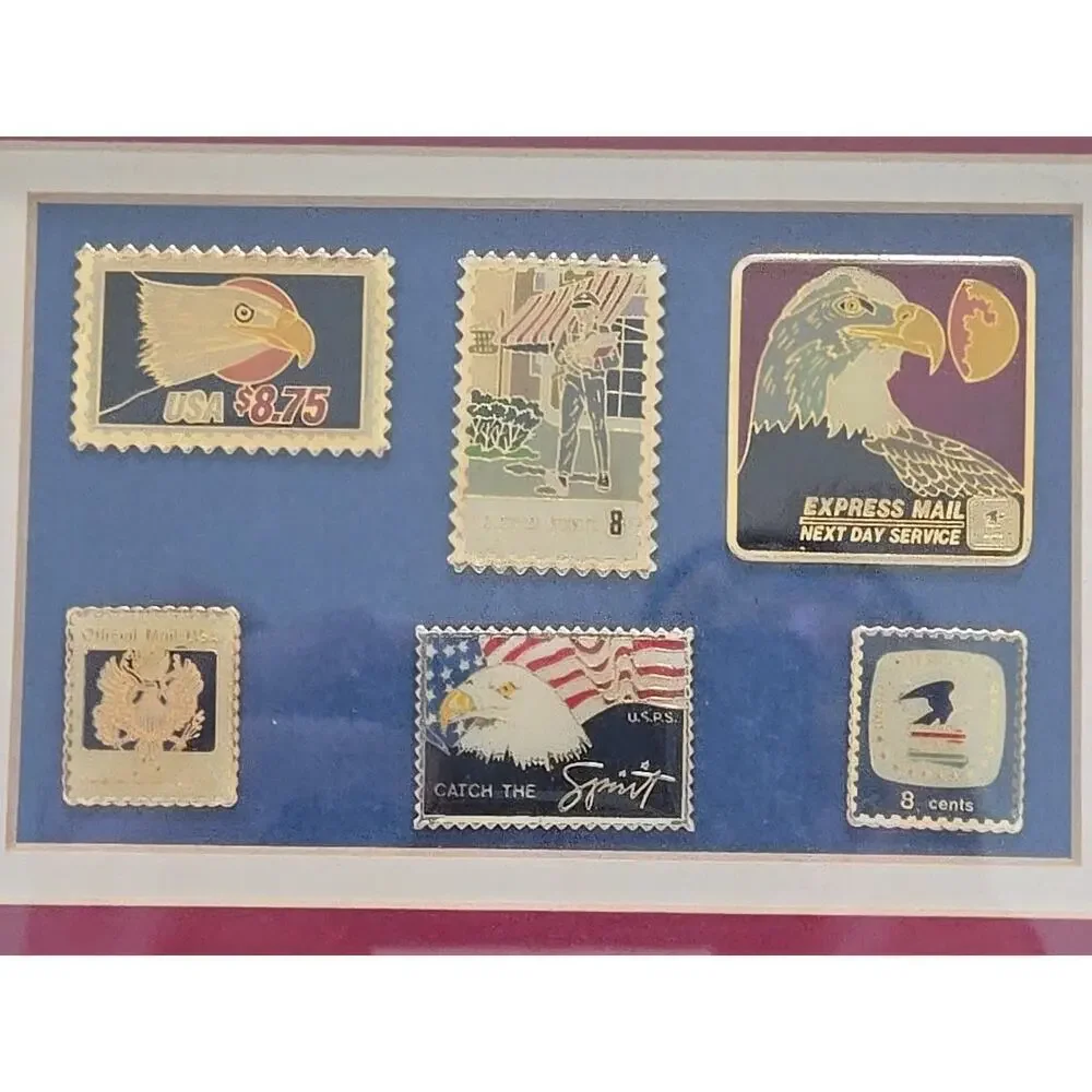 Vintage U.S. Postal Service Framed Stamp 6 Gold Enamel Pin Set Catch The Spirit